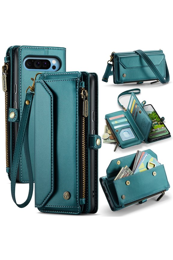 Wallet Case for Google Pixel 10 Pro XL,Flip RFID Blocking Shockproof TPU Cover with 10 Card Slots,Cash Slot,Zipper Coin Pocket,Crossbody PU Leather Phone Cover,Green
