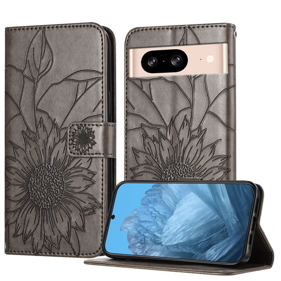 Decase Wallet Case for Google Pixel 8 Case with Card Holder,Sunflower Pattern Leather Phone Case with Kickstand Magnetic Closure Shockproof Cover Fits for Google Pixel 8,Gray