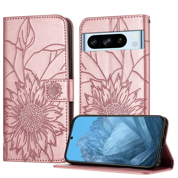 Decase Wallet Case for Google Pixel 8 Pro Case with Card Holder,Sunflower Pattern Leather Phone Case with Kickstand Magnetic Closure Shockproof Cover Fits for Google Pixel 8 Pro,Rosegold