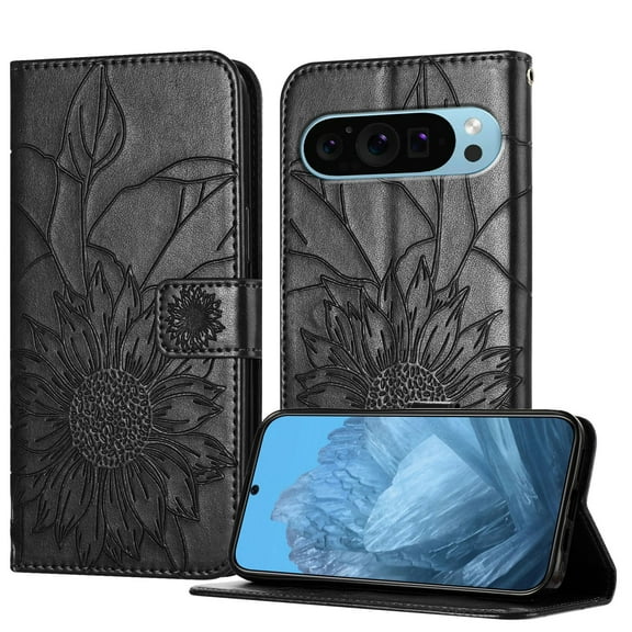 Decase Wallet Case for Google Pixel 9 / 9 Pro Case with Card Holder,Sunflower Pattern Leather Phone Case with Kickstand Magnetic Closure Shockproof Cover Fits for Google Pixel 9 / 9 Pro,Black