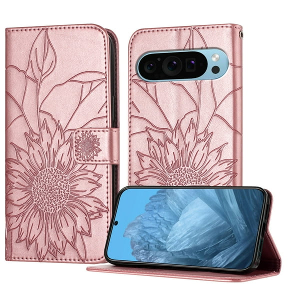 Decase Wallet Case for Google Pixel 9 / 9 Pro Case with Card Holder,Sunflower Pattern Leather Phone Case with Kickstand Magnetic Closure Shockproof Cover Fits for Google Pixel 9 / 9 Pro,Rosegold