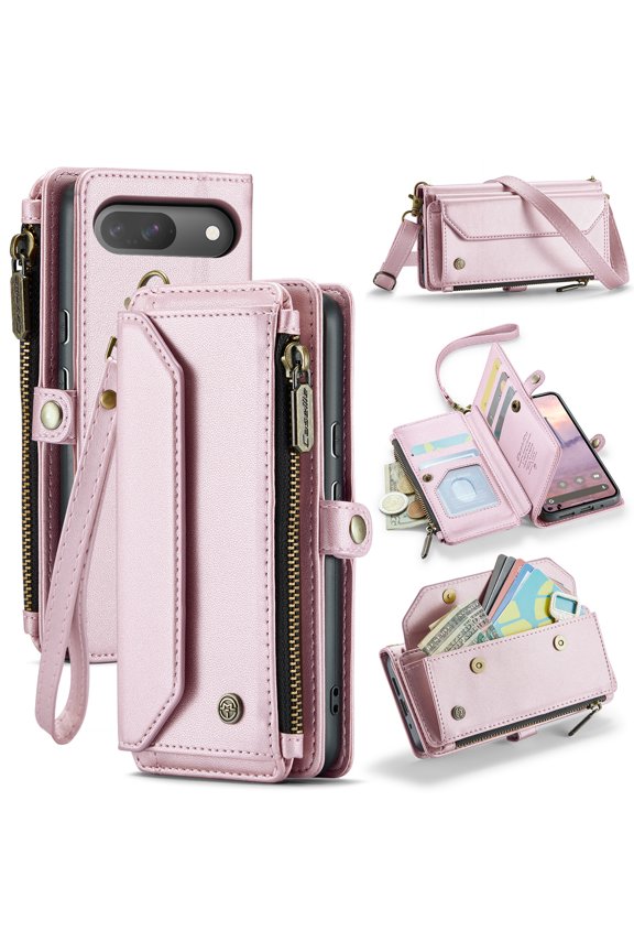 Wallet Case for Google Pixel 9 / 9 Pro,Flip RFID Blocking Shockproof TPU Cover with 7 Card Slots,Cash Slot,Zipper Coin Pocket,Crossbody PU Leather Phone Cover,Pink