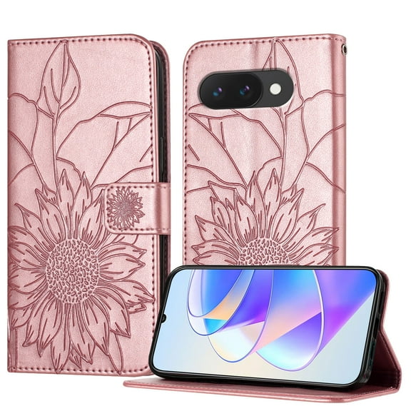 Decase Wallet Case for Google Pixel 9A Case with Card Holder,Sunflower Pattern Leather Phone Case with Kickstand Magnetic Closure Shockproof Cover Fits for Google Pixel 9A,Rosegold