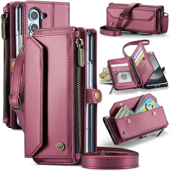 Decase Wallet Case with Pen Holder for Samsung Galaxy Z Fold7 5G,RFID Blocking Card Holder Soft PU Leather Magnetic Snap Shoulder Strap Zipper Pocket Phone Case Fit for Galaxy Z Fold7,Winered