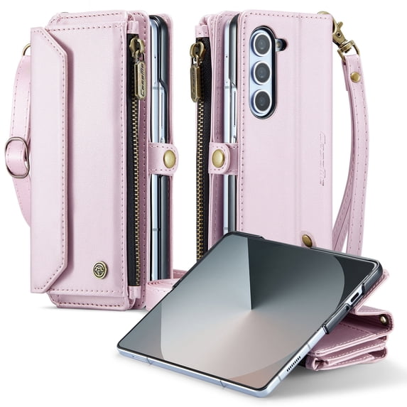 Decase Wallet Case with Pen Holder for Samsung Galaxy Z Fold7 5G,RFID Blocking Card Holder Soft PU Leather Magnetic Snap Shoulder Strap Zipper Pocket Phone Case Fit for Galaxy Z Fold7,Pink