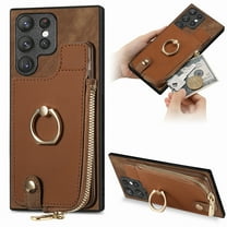 Decase Wallet Case for Samsung Galaxy A15,Shockproof Rugged Phone Cover With 360° Rotatable Ring Kickstand & Back Zipper Card Pocket Cloth Fabric Hybrid PU Leather,for Women Men,Brown