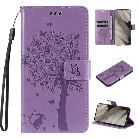 Decase Wallet Case for Samsung Galaxy A25 5G,Premium PU Leather Emboss Tree Cat Folio Magnetic Phone Shell with Card Holder Kickstand & Wristband Strap,Lightpurple