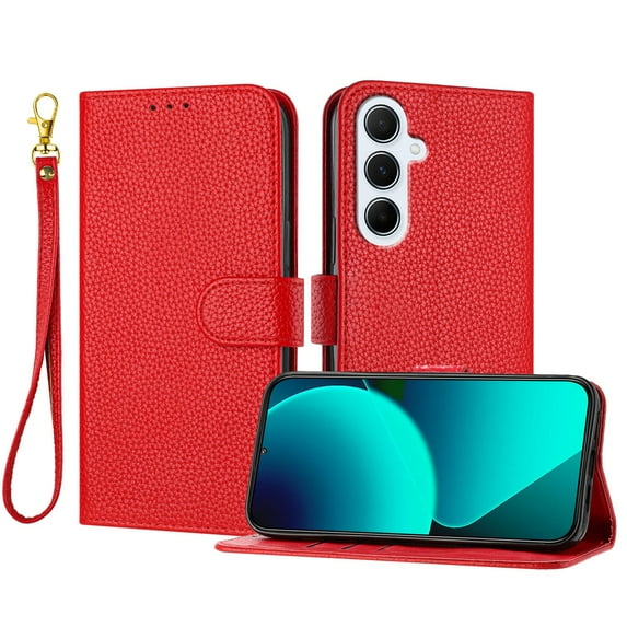 Decase Wallet Case for Samsung Galaxy A26 5G, Lychee Pattern Leather Flip Protective Cover with Card Slots Wrist Strap,Shockproof Premium PU Leather Wallet Phone Case with Magnetic Function,Red