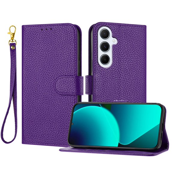 Decase Wallet Case for Samsung Galaxy A36 5G, Lychee Pattern Leather Flip Protective Cover with Card Slots Wrist Strap,Shockproof Premium PU Leather Wallet Phone Case with Magnetic Function,Purple