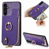 Decase Wallet Case for Samsung Galaxy A52 5G,Shockproof Rugged Phone Cover With 360° Rotatable Ring Kickstand & Back Zipper Card Pocket Cloth Fabric Hybrid PU Leather,for Women Men - Purple