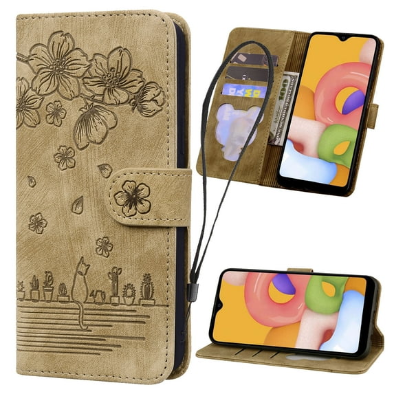 Decase Wallet Case for Samsung Galaxy A54 5G, Magnetic PU Leather Wallet Flip Protective Phone Case Wrist Strap Card Slots Holder Pocket Shockproof Emboss Floral Stand Case, Brown