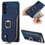 Decase Wallet Case for Samsung Galaxy A54 5G,Shockproof Rugged Phone Cover With 360  Rotatable Ring Kickstand & Back Zipper Card Pocket Cloth Fabric Hybrid PU Leather,for Women Men - Blue