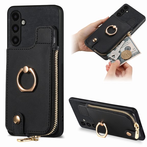 Decase Wallet Case for Samsung Galaxy A54 5G,Shockproof Rugged Phone Cover With 360° Rotatable Ring Kickstand & Back Zipper Card Pocket Cloth Fabric Hybrid PU Leather,for Women Men - Black