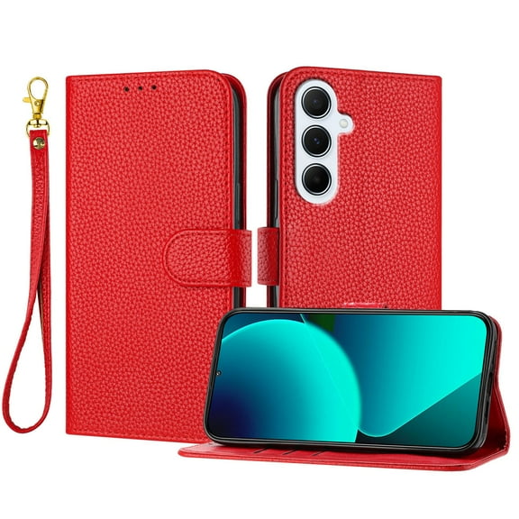 Decase Wallet Case for Samsung Galaxy A56 5G, Lychee Pattern Leather Flip Protective Cover with Card Slots Wrist Strap,Shockproof Premium PU Leather Wallet Phone Case with Magnetic Function,Red