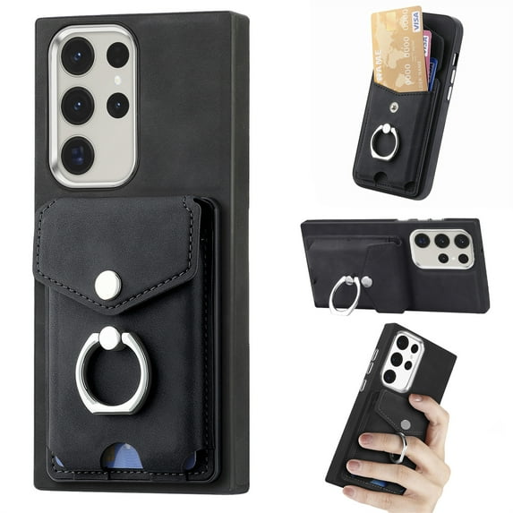 Decase Wallet Case for Samsung Galaxy S22, Luxury Shockproof Magnetic PU Leather Credit Card Slot with Built-in 360° Rotation Ring Holder Stand Protective Case, black