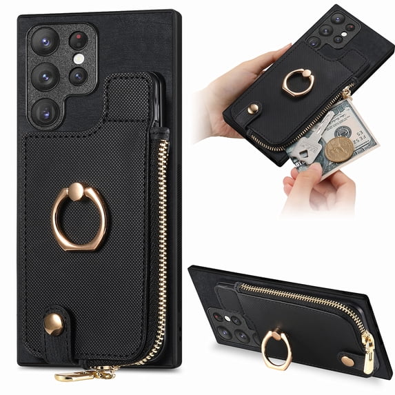 Decase Wallet Case for Samsung Galaxy S23 FE,Shockproof Rugged Phone Cover With 360° Rotatable Ring Kickstand & Back Zipper Card Pocket Cloth Fabric Hybrid PU Leather,for Women Men,Black