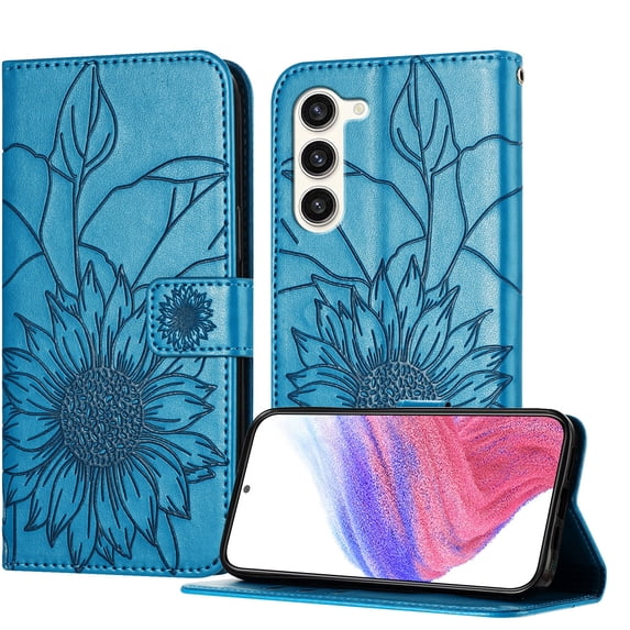Decase Wallet Case for Samsung Galaxy S23 Plus Case with Card Holder,Sunflower Pattern Leather Phone Case with Kickstand Magnetic Closure Shockproof Cover Fits for Samsung Galaxy S23 Plus,Blue
