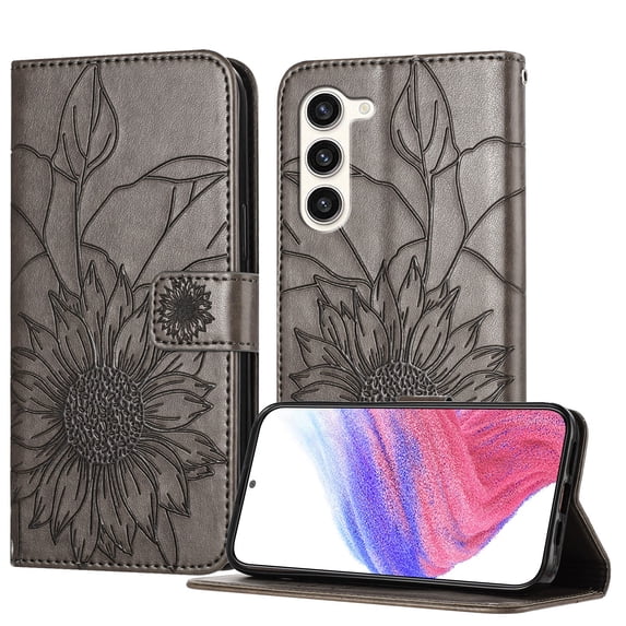 Decase Wallet Case for Samsung Galaxy S23 Plus Case with Card Holder,Sunflower Pattern Leather Phone Case with Kickstand Magnetic Closure Shockproof Cover Fits for Samsung Galaxy S23 Plus,Gray