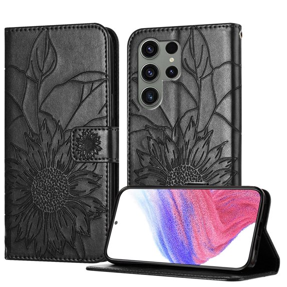 Decase Wallet Case for Samsung Galaxy S23 Ultra Case with Card Holder,Sunflower Pattern Leather Phone Case with Kickstand Magnetic Closure Shockproof Cover Fits for Samsung Galaxy S23 Ultra,Black