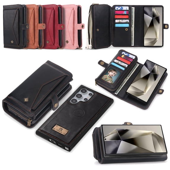 Decase Wallet Case for Samsung Galaxy S24 Ultra with Hand Strap & 13 Card Slots Magnetic Detachable 2-in-1 Zipper Flip Folio Leather Stand Multifunctional Handbag Case for Samsung S24 Ultra,Black