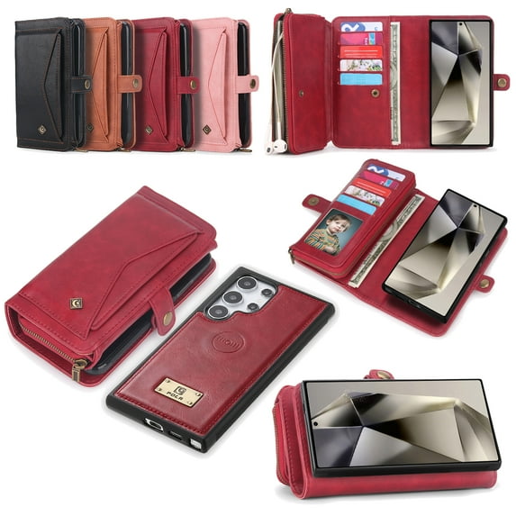 Decase Wallet Case for Samsung Galaxy S24 Ultra with Hand Strap & 13 Card Slots Magnetic Detachable 2-in-1 Zipper Flip Folio Leather Stand Multifunctional Handbag Case for Samsung S24 Ultra,Red
