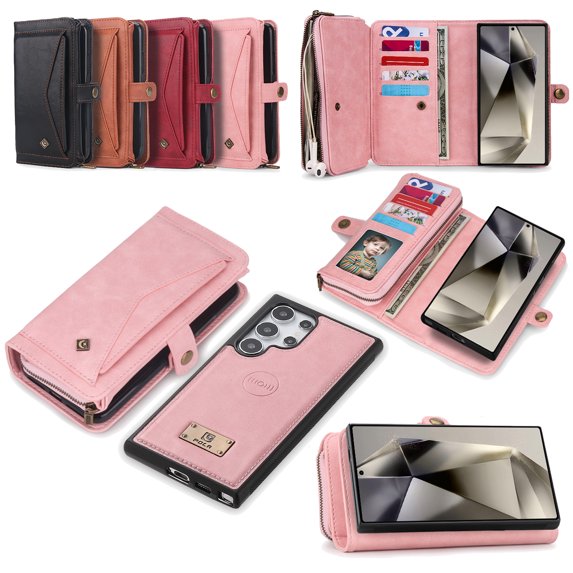 Decase Wallet Case for Samsung Galaxy S24 Ultra with Hand Strap & 13 Card Slots Magnetic Detachable 2-in-1 Zipper Flip Folio Leather Stand Multifunctional Handbag Case for Samsung S24 Ultra,Pink