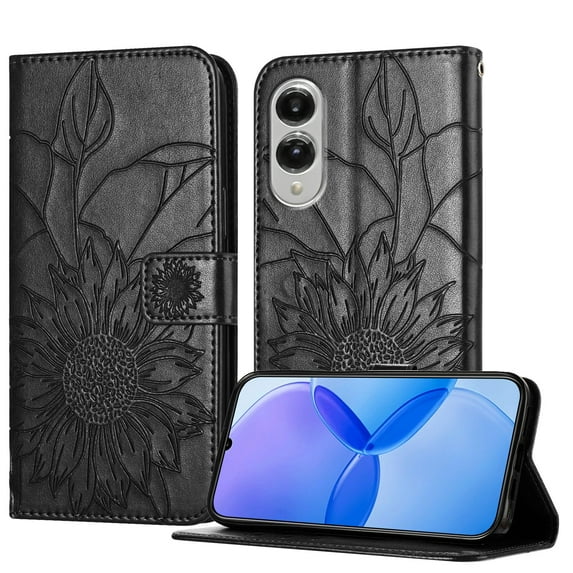 Decase Wallet Case for Samsung Galaxy S25 Edge Case with Card Holder,Sunflower Pattern Leather Phone Case with Kickstand Magnetic Closure Shockproof Cover Fits for Samsung Galaxy S25 Edge,Black