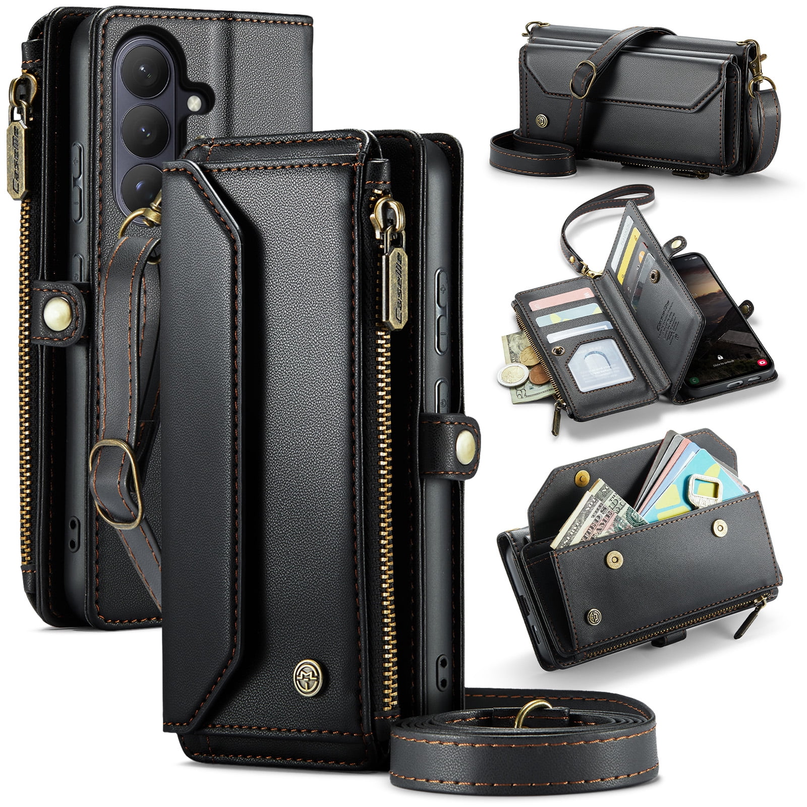 Decase Wallet Case for Samsung Galaxy S26,Flip RFID Blocking Shockproof TPU Cover with 10 Card Slots,Cash Slot,Zipper Coin Pocket,Crossbody PU Leather Phone Cover,Black