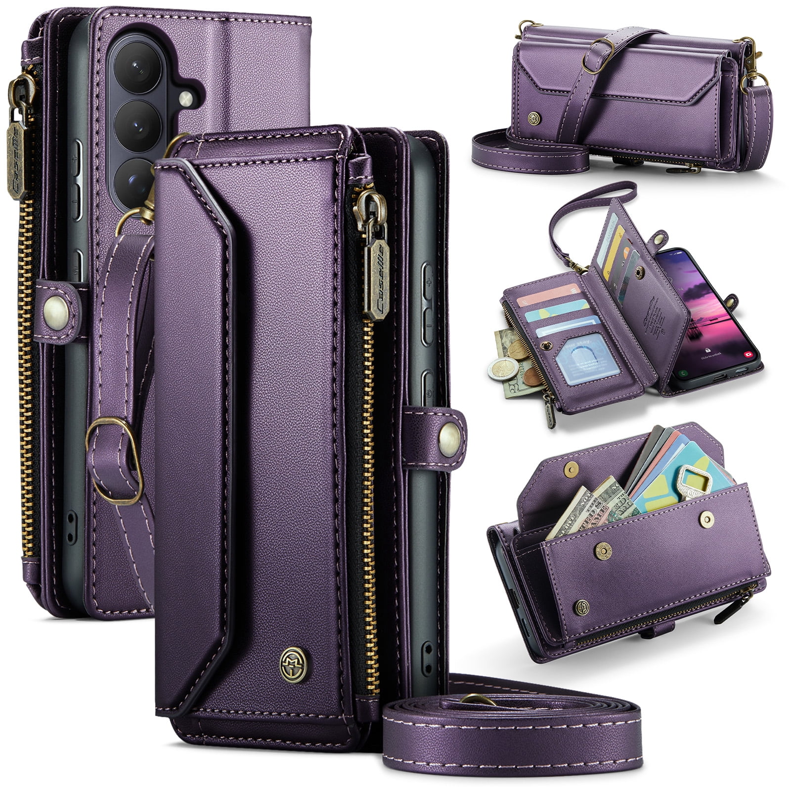 Decase Wallet Case for Samsung Galaxy S26,Flip RFID Blocking Shockproof TPU Cover with 10 Card Slots,Cash Slot,Zipper Coin Pocket,Crossbody PU Leather Phone Cover,Purple