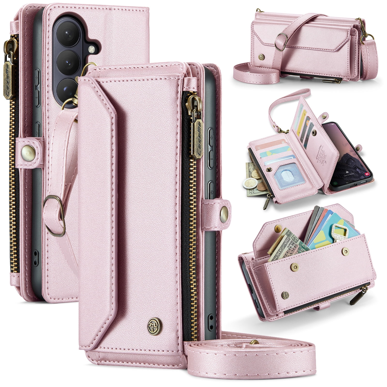 Decase Wallet Case for Samsung Galaxy S26,Flip RFID Blocking Shockproof TPU Cover with 10 Card Slots,Cash Slot,Zipper Coin Pocket,Crossbody PU Leather Phone Cover,Pink