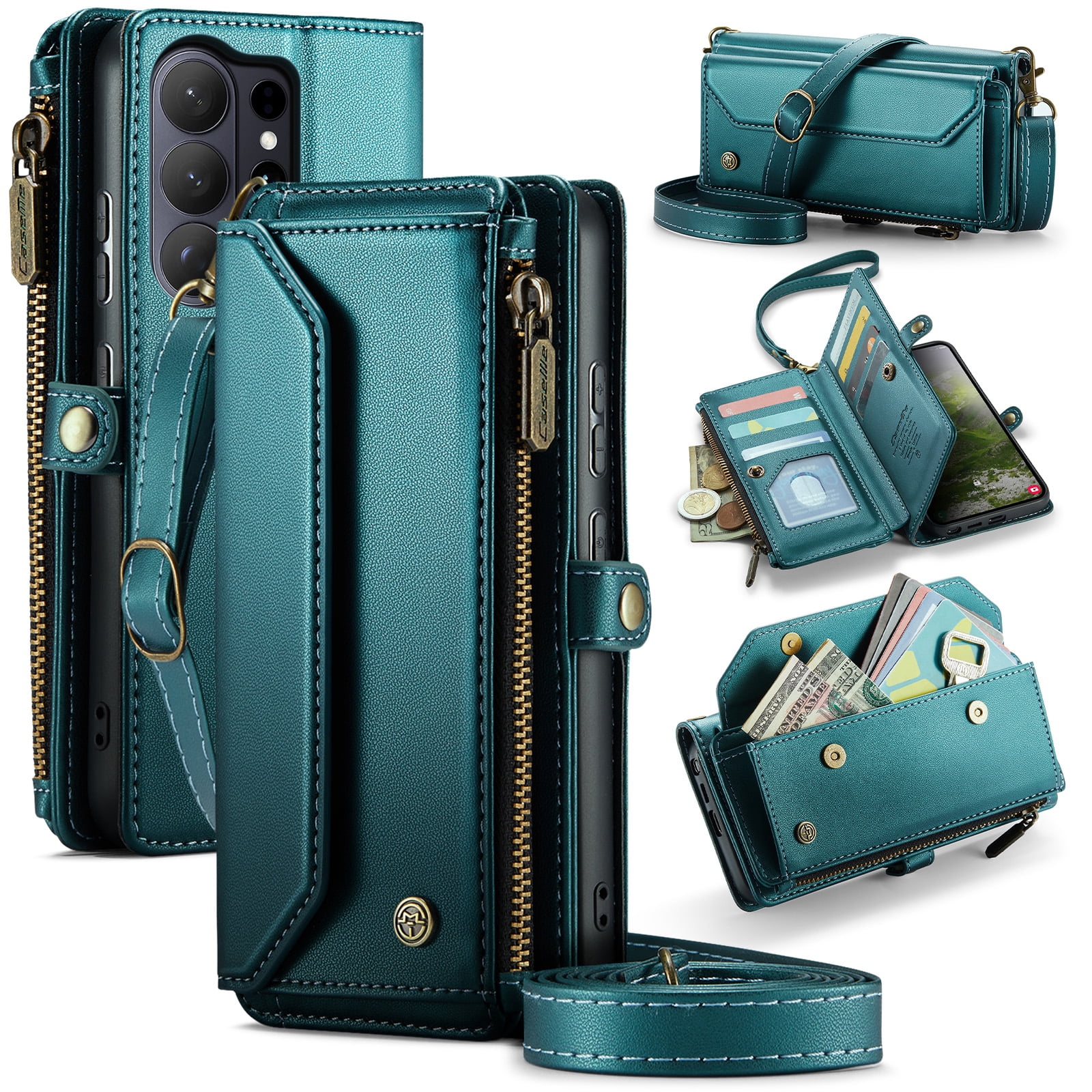 Decase Wallet Case for Samsung Galaxy S26 Ultra,Flip RFID Blocking Shockproof TPU Cover with 10 Card Slots,Cash Slot,Zipper Coin Pocket,Crossbody PU Leather Phone Cover,Green