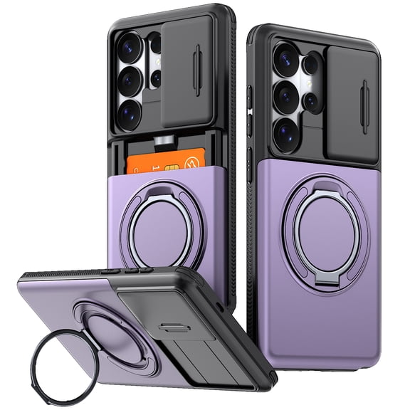 Decase Wallet Case for Samsung Galaxy S26 Ultra, Heavy Duty Rugged Cover with Credit Card Holder,Sliding Lens Protector and Built-in Metal Kickstand,Purple