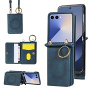 Decase Wallet Case for Samsung Galaxy Z Flip 7, Crossbody Leather Phone Case with Kickstand and Card Slots, Magnetic Closure, Car Mount Compatible,Blue