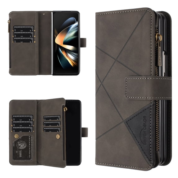 Decase Wallet Case for Samsung Galaxy Z Fold 6 5G, PU Retro Leather 9 Card Holder Slots Large Space Zipper Pocket Kickstand Handbag Case, Soft TPU Shockproof Flip Phone Cover,Gray