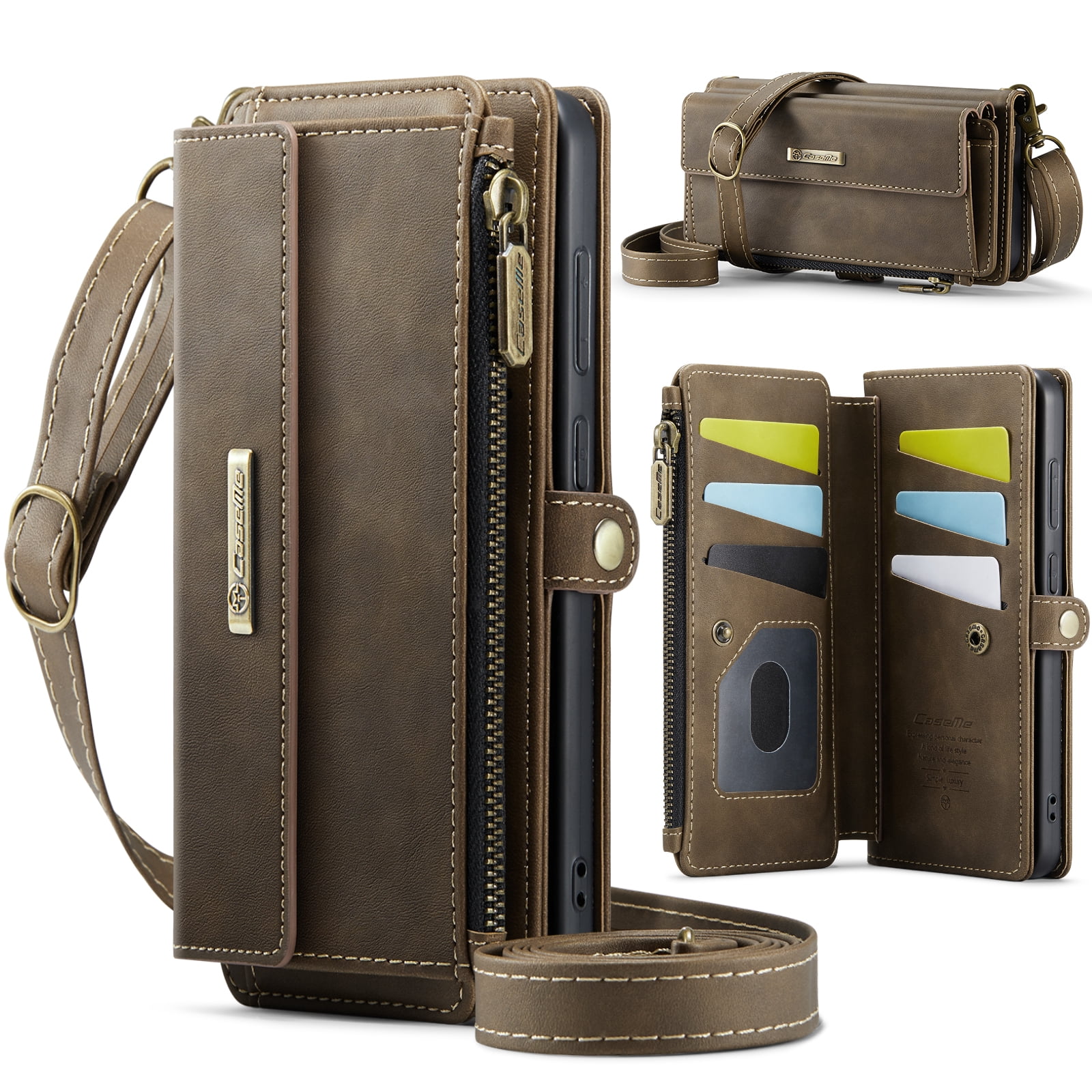 Decase Wallet Case for Samsung Galaxy S24 FE,Magnetic Flip Zipper Pocket PU Leather Phone Cover,Crossbody Flip Cover with RFID Card Slots,Coffee