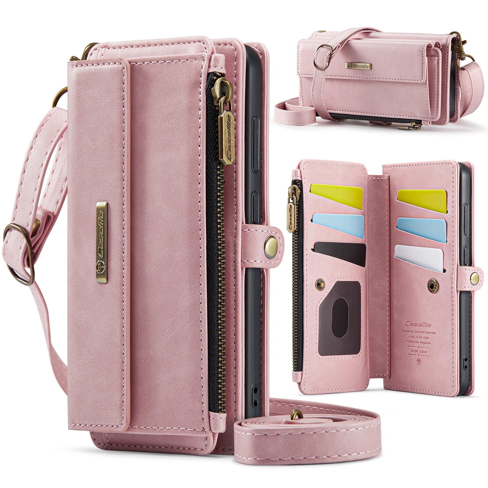 Decase Wallet Case for Samsung Galaxy S24 FE,Magnetic Flip Zipper Pocket PU Leather Phone Cover,Crossbody Flip Cover with RFID Card Slots,Pink