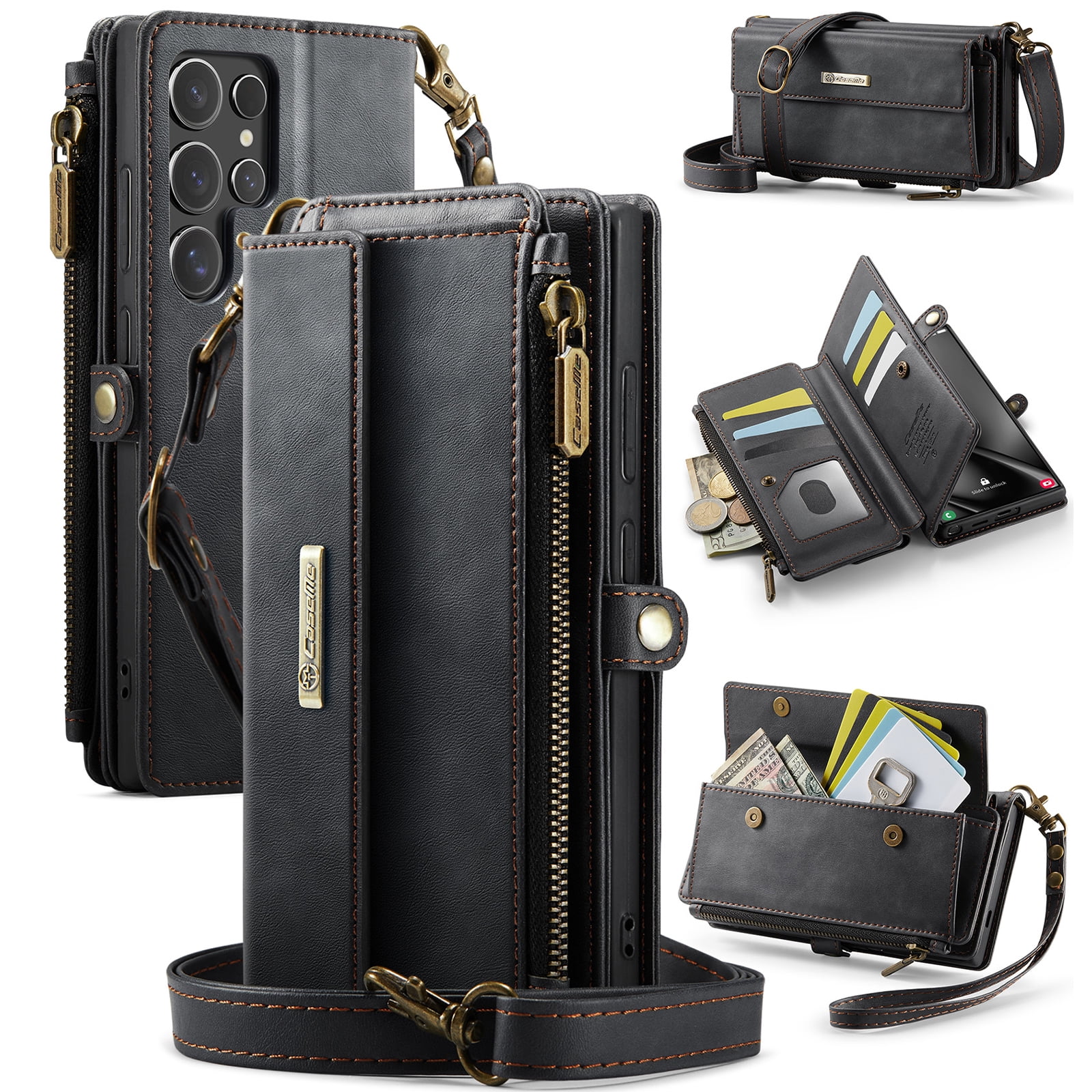 Decase Wallet Case for Samsung Galaxy S25 Ultra,Magnetic Flip Zipper Pocket PU Leather Phone Cover,Crossbody Flip Cover with RFID Card Slots,Black