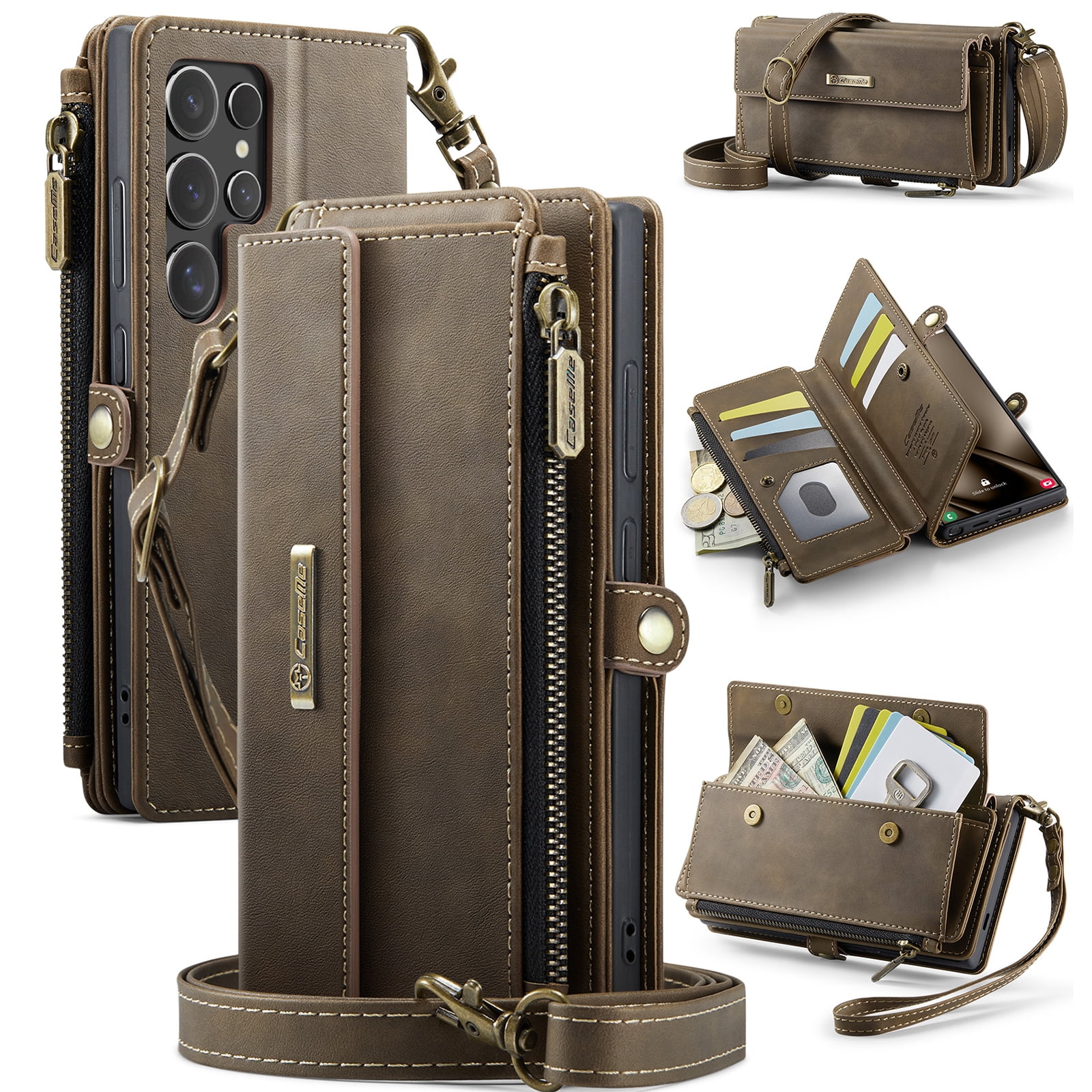 Decase Wallet Case for Samsung Galaxy S25 Ultra,Magnetic Flip Zipper Pocket PU Leather Phone Cover,Crossbody Flip Cover with RFID Card Slots,Coffee