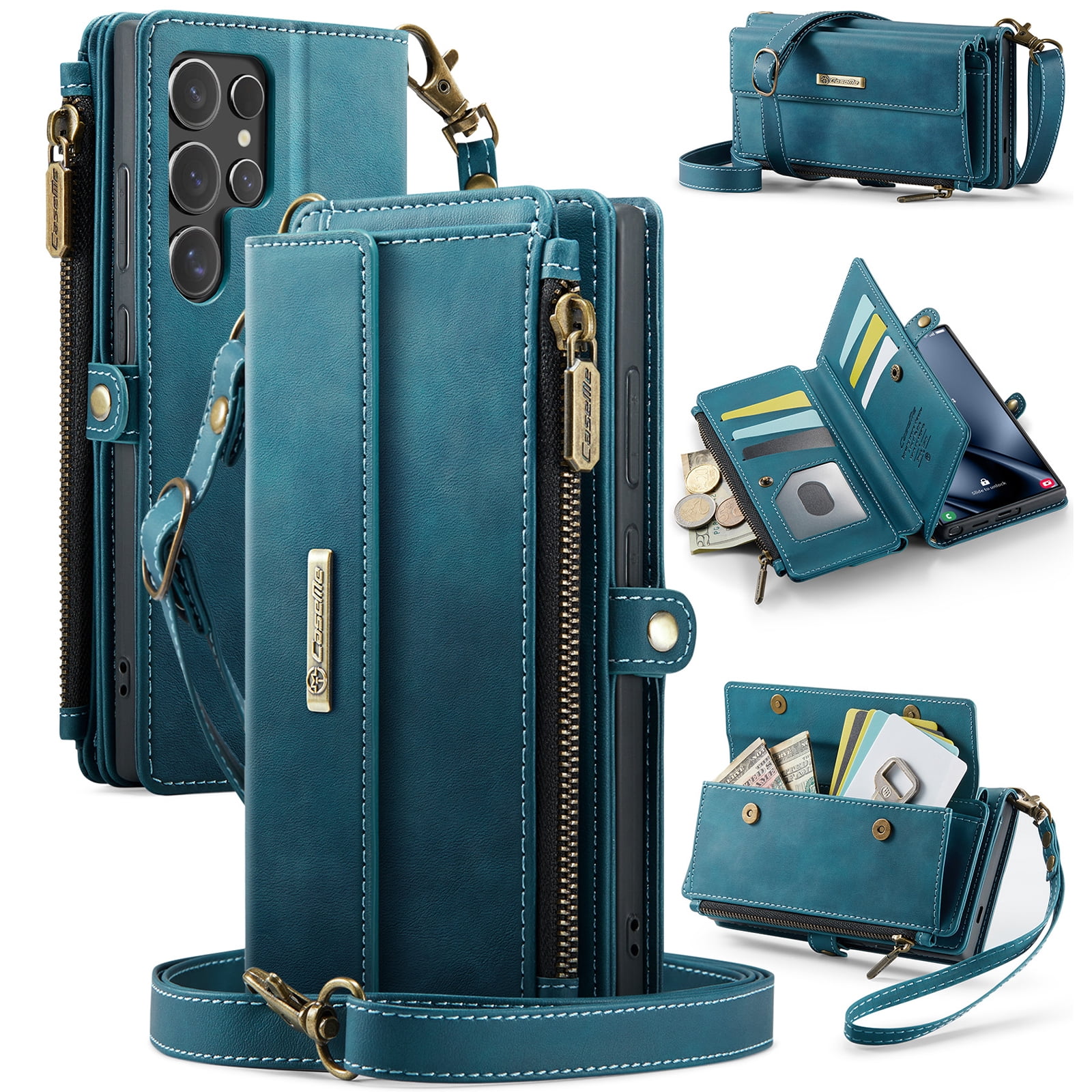 Decase Wallet Case for Samsung Galaxy S25 Ultra,Magnetic Flip Zipper Pocket PU Leather Phone Cover,Crossbody Flip Cover with RFID Card Slots,Green