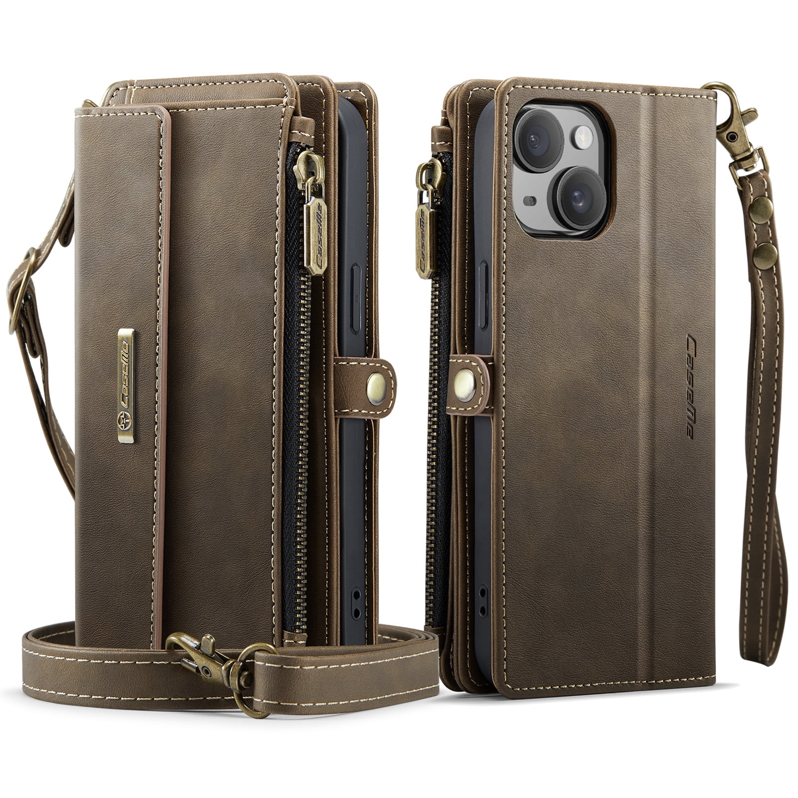 Decase Wallet Case for iPhone 14 Plus,Magnetic Flip Zipper Pocket PU Leather Phone Cover,Crossbody Flip Cover with RFID Card Slots,Coffee
