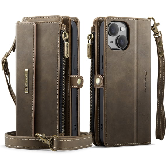 Decase Wallet Case for iPhone 14 Plus,Magnetic Flip Zipper Pocket PU Leather Phone Cover,Crossbody Flip Cover with RFID Card Slots,Coffee