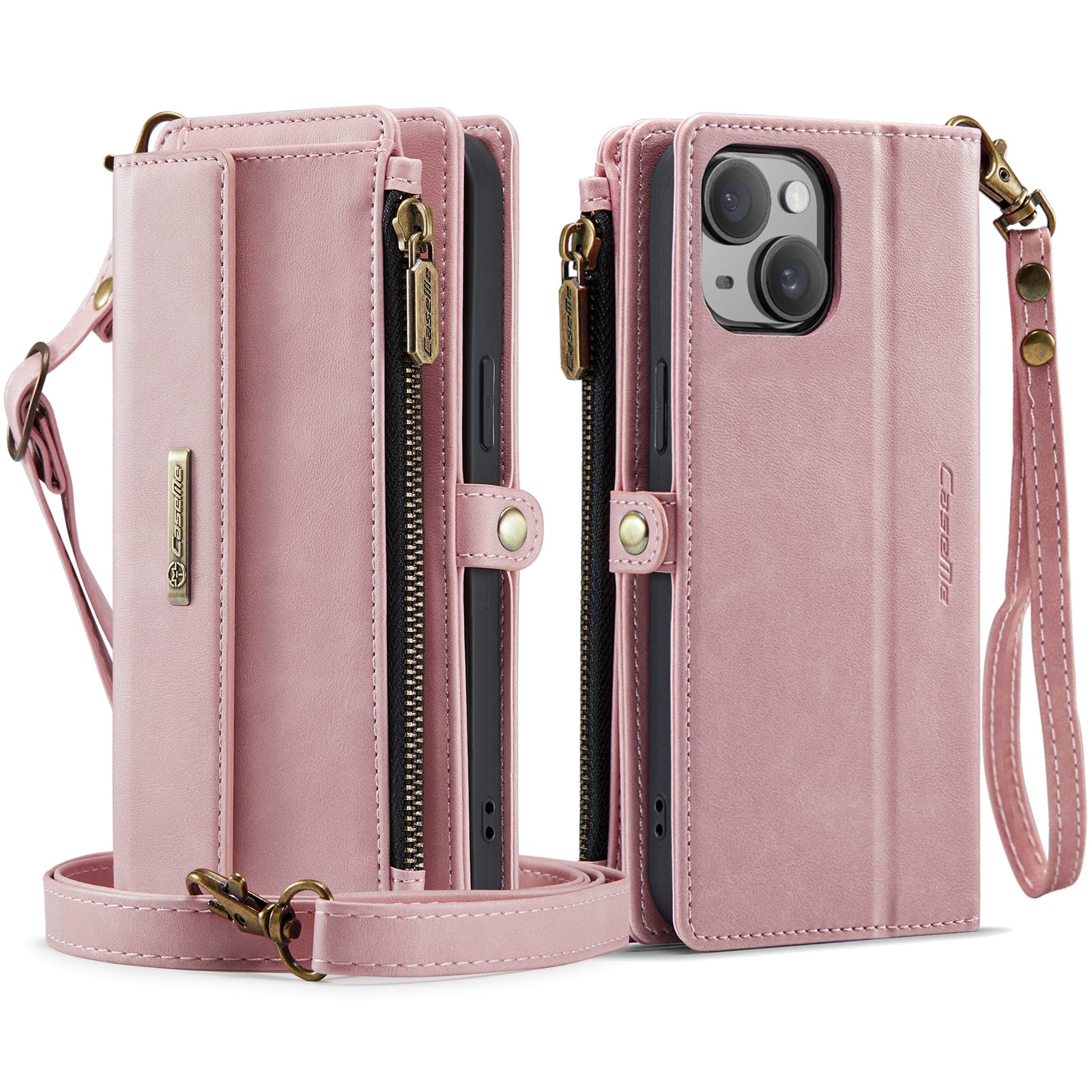 Decase Wallet Case for iPhone 14 Plus,Magnetic Flip Zipper Pocket PU Leather Phone Cover,Crossbody Flip Cover with RFID Card Slots,Pink
