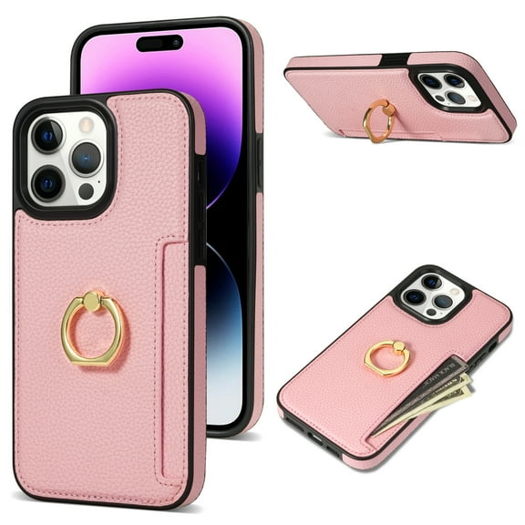 Decase Wallet Case for iPhone 15, Shockproof PU Leather Credit Card Slot with Built-in Rotation Ring Holder Stand Protective Cover Case , pink