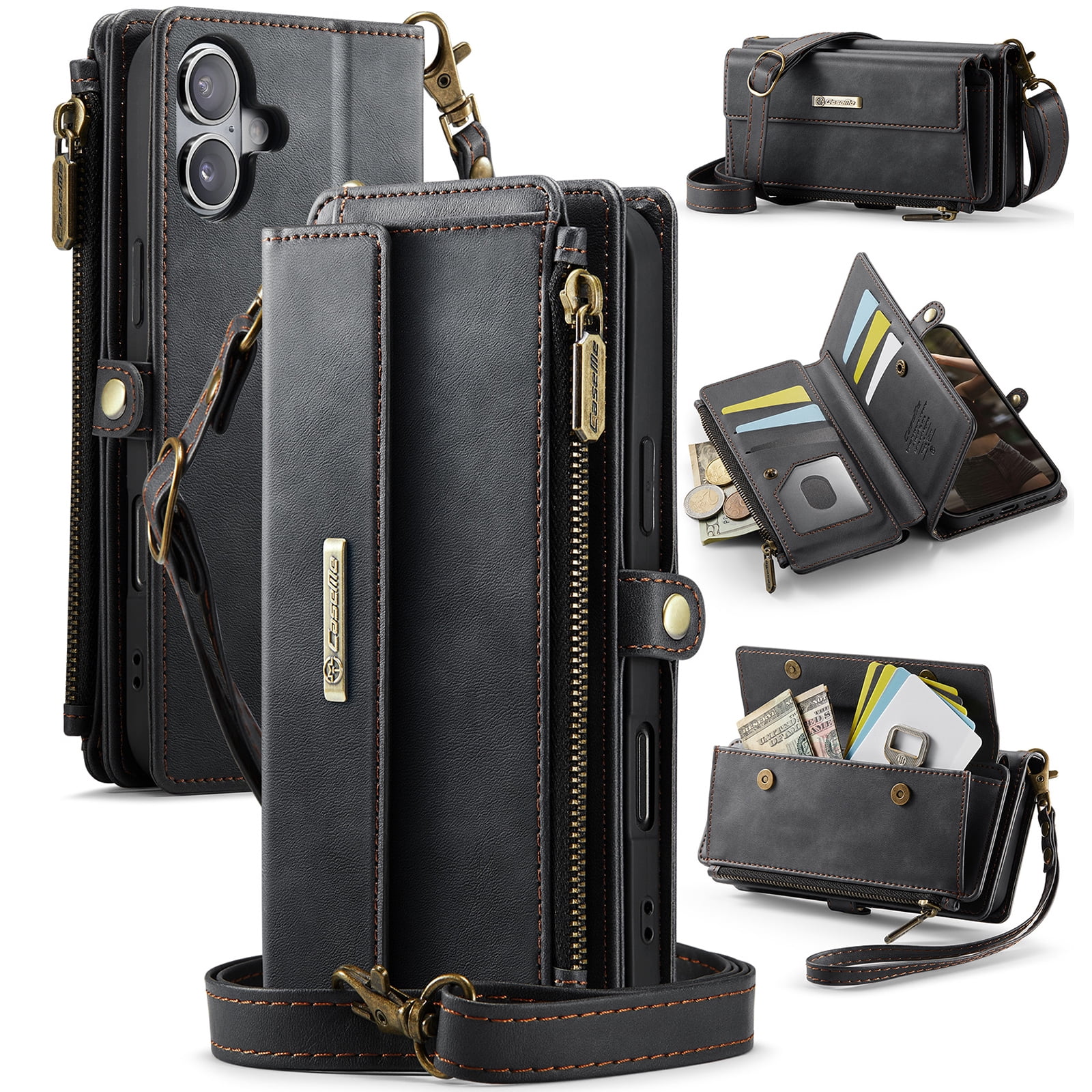 Decase Wallet Case for iPhone 16,Magnetic Flip Zipper Pocket PU Leather Phone Cover,Crossbody Flip Cover with RFID Card Slots,Black