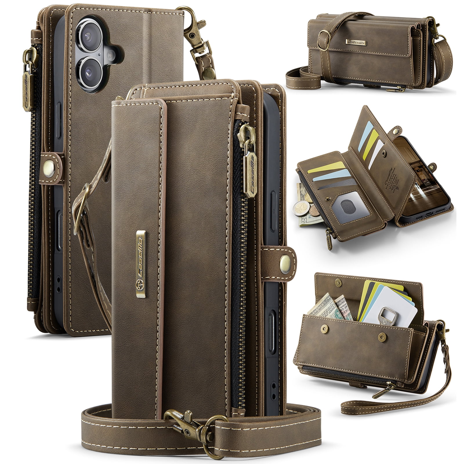 Decase Wallet Case for iPhone 16,Magnetic Flip Zipper Pocket PU Leather Phone Cover,Crossbody Flip Cover with RFID Card Slots,Coffee