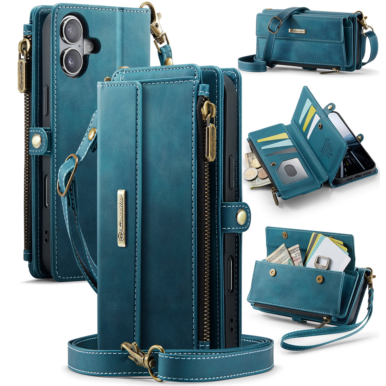 Decase Wallet Case for iPhone 16,Magnetic Flip Zipper Pocket PU Leather Phone Cover,Crossbody Flip Cover with RFID Card Slots,Green