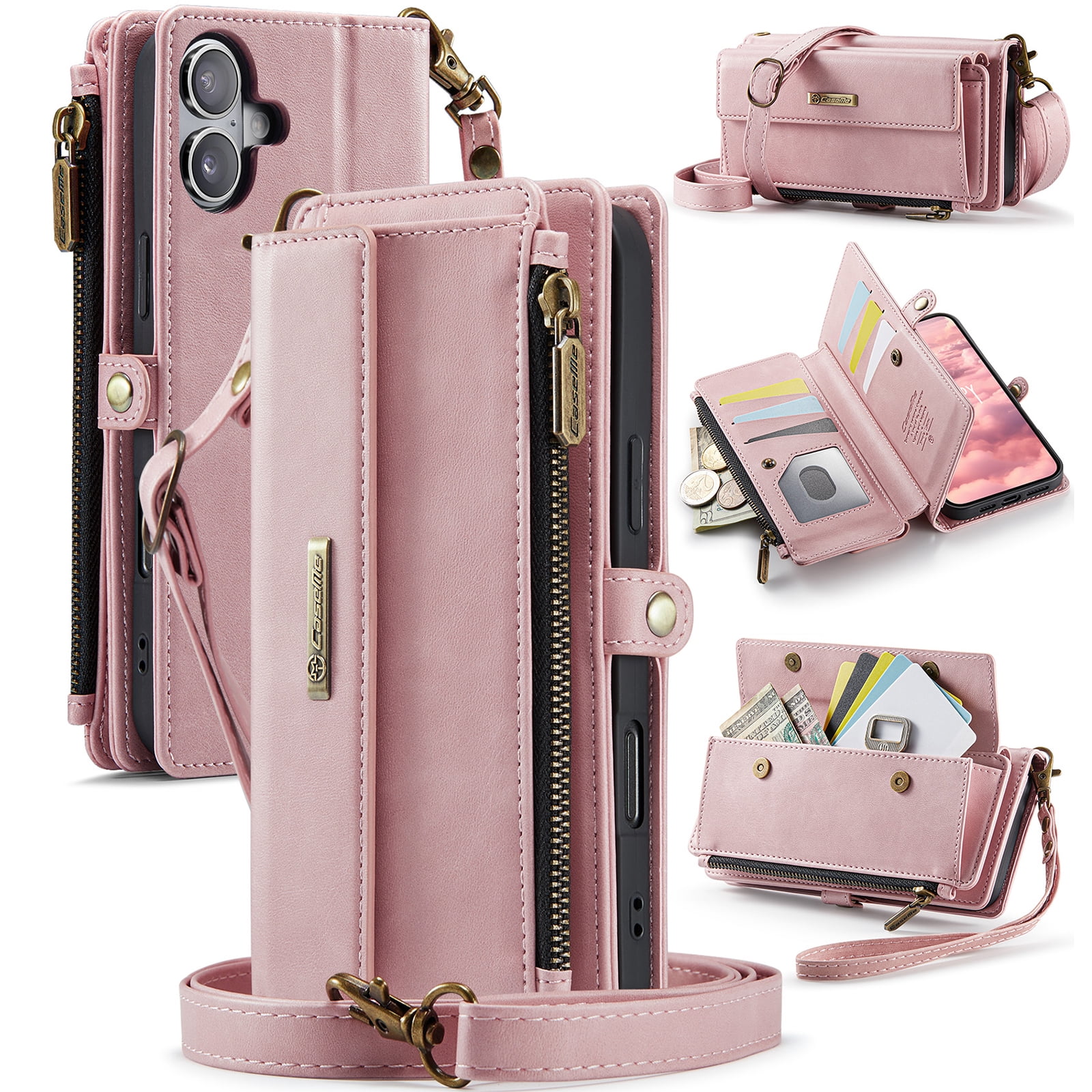 Decase Wallet Case for iPhone 16,Magnetic Flip Zipper Pocket PU Leather Phone Cover,Crossbody Flip Cover with RFID Card Slots,Pink