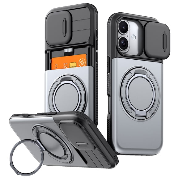Decase Wallet Case for iPhone 17, Heavy Duty Rugged Cover with Credit Card Holder,Sliding Lens Protector and Built-in Metal Kickstand,Gray