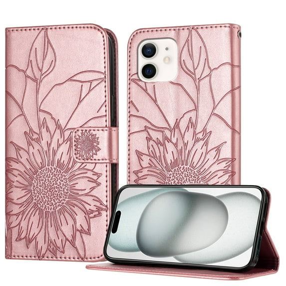 Decase Wallet Case for iPhone 11 Case with Card Holder,Sunflower Pattern Leather Phone Case with Kickstand Magnetic Closure Shockproof Cover Fits for iPhone 11,Rosegold
