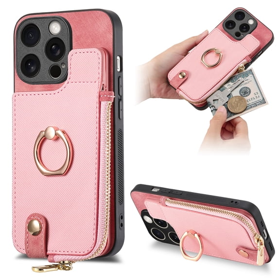 Decase Wallet Case for iPhone 12 Mini,Shockproof Rugged Phone Cover With 360° Rotatable Ring Kickstand & Back Zipper Card Pocket Cloth Fabric Hybrid PU Leather,for Women Men - Pink